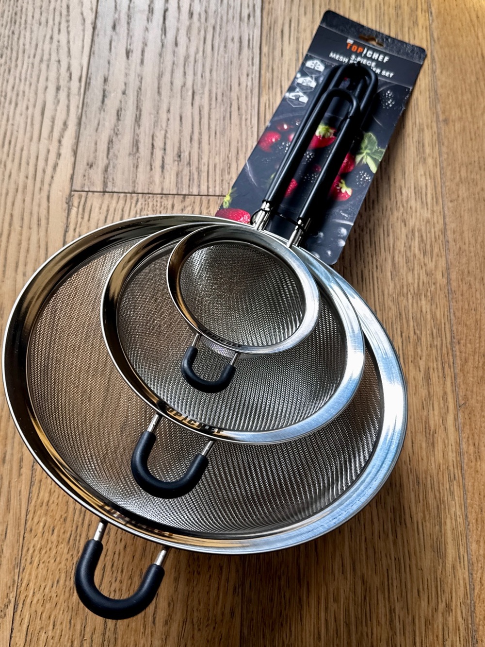 Top Chef Black-Handle Stainless Steel Mesh Strainer Set 3 Pc NWT